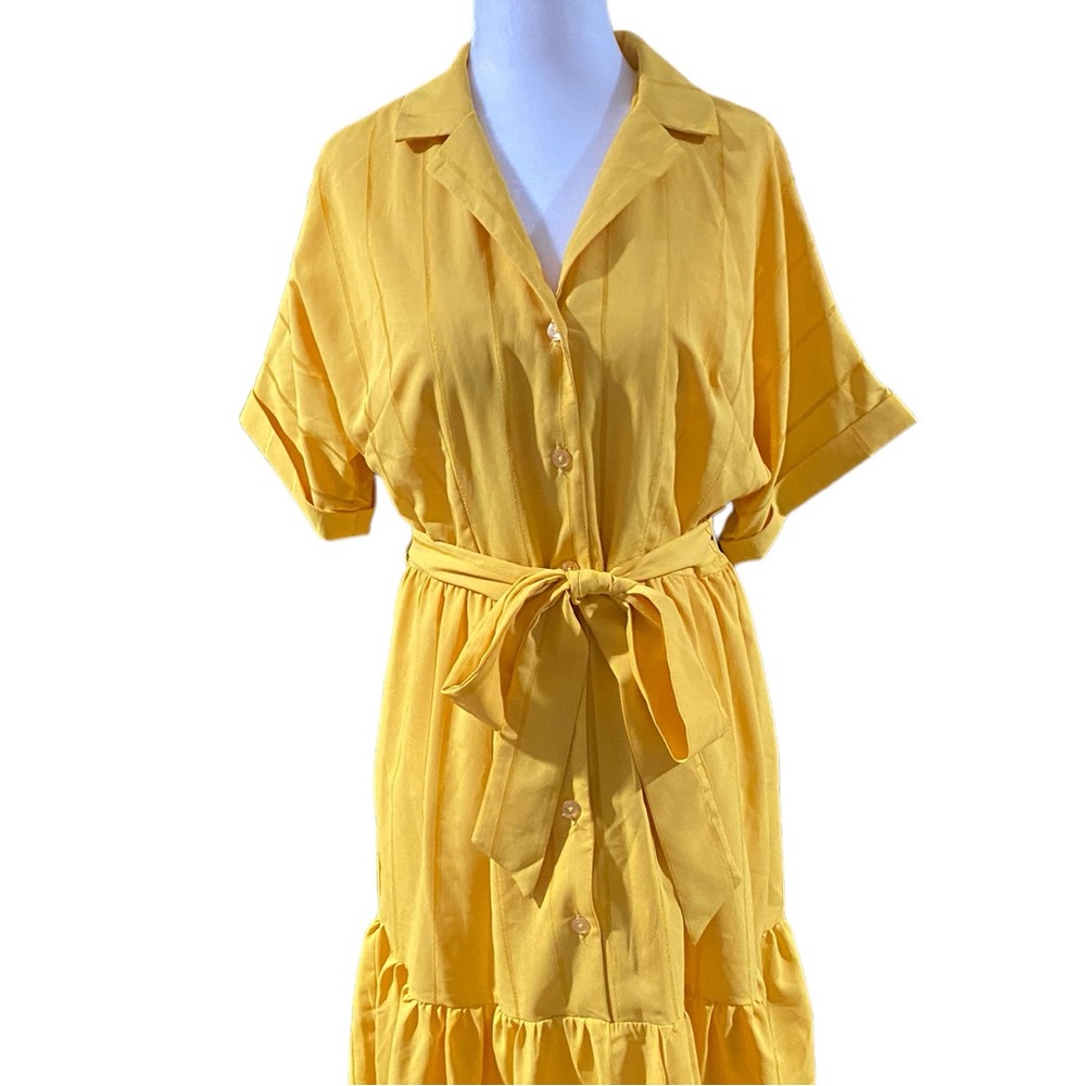 Tahari ASL Yellow Belted Ruffle Dress With‎ Pockets - Picture 2 of 7